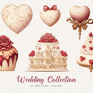 May include: A collection of wedding-themed illustrations featuring a heart-shaped cake, a cake with a rose on top, a heart-shaped cookie, a heart-shaped cookie with a bow, and a heart-shaped cookie with a gold ribbon. The illustrations are in a watercolor style and have a vintage feel.