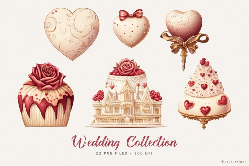 May include: A collection of wedding-themed illustrations featuring a heart-shaped cake, a cake with a rose on top, a heart-shaped cookie, a heart-shaped cookie with a bow, and a heart-shaped cookie with a gold ribbon. The illustrations are in a watercolor style and have a vintage feel.