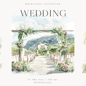 結婚式のイラスト、水彩画の結婚式のクリップアート、結婚式の風景、結婚式の招待状、スクラップブッキング、結婚式、結婚式場、ダウンロード