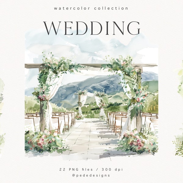 Wedding Illustrations, watercolor wedding clipart, wedding scenery, wedding invite, scrapbooking, wedding ceremony, wedding venue, download