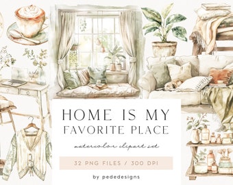 Home Is My Favorite Place, home clipart, home sweet home, cozy aesthetic, bed, pillows, books, watercolor png, house interior, download