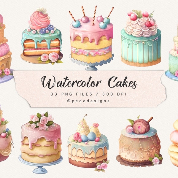 Watercolor cakes clip art, birthday clipart, dessert illustration, sweets, bakery, cake clipart, cake logo design, wedding cake, download