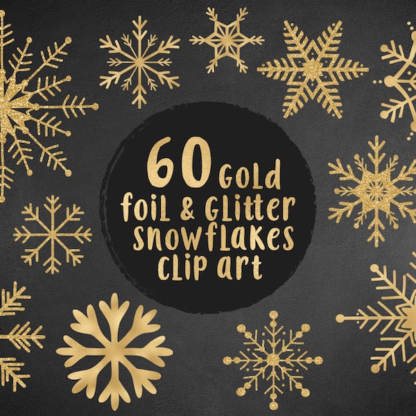 Gold snowflakes clip art, gold glitter, gold foil, hand drawn snowflakes, christmas clip art, winter, download,