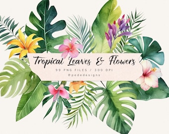 May include: A digital illustration of tropical leaves and flowers in watercolor style. The image features a variety of green leaves, pink, yellow, and purple flowers, and the text "Tropical Leaves & Flowers 99 PNG Files / 300 DPI @pededesigns".