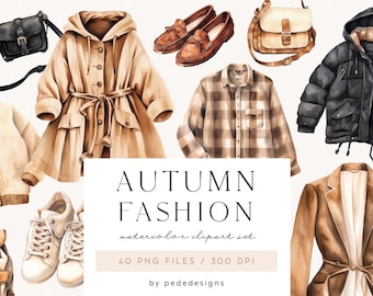 Clipart de moda, clipart de otoño en acuarela, gráficos de ropa de otoño, abrigo de acuarela, clipart de suéter, bolso, zapatos de otoño, descargar