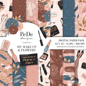 Puede incluir: Paquete de papel digital con 14 patrones sin costuras que presentan maquillaje y flores. Los patrones incluyen purpurina dorada, flores azules y marrones, máscara de pestañas, lápiz labial, paletas de sombras de ojos y pestañas. El texto "I would cry out in Mascara is designer" está incluido en uno de los patrones.