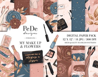 My Make Up & Flowers digital papers, cosmetics pattern, makeup art, lady boss, planner supplies, floral, beauty, download