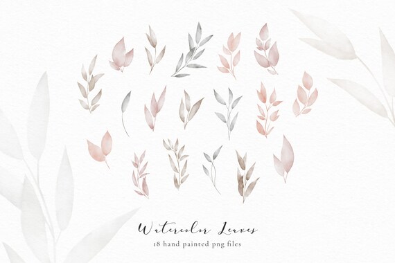 Watercolor leaves, watercolor strokes and splatters, blush, grey, delicate design, wedding, invitation, abstract, download