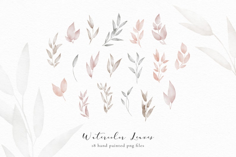 May include: A set of 18 watercolor leaves in shades of pink, gray, and brown. The leaves are hand-painted and perfect for adding a touch of nature to your designs.