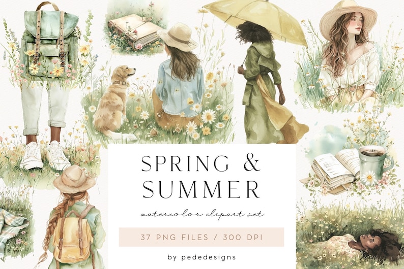 May include: Watercolor clipart set featuring illustrations of people, animals, and nature scenes. The set includes a woman with a backpack, a dog, a book, a woman with an umbrella, a woman sitting in a field, and a woman sleeping in a field. The text "SPRING & SUMMER watercolor clipart set 37 PNG FILES / 300 DPI by pededesigns" is also included.