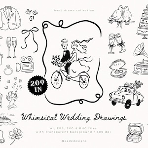 May include: Black and white whimsical wedding drawings. Includes illustrations of a bride and groom on a bicycle, a church, a cake, champagne glasses, and other wedding-related graphics. The text "Whimsical Wedding Drawings" is also included.