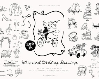 Whimsical Wedding Drawings – Hand Drawn Wedding Icons, Bridal Doodles, Invitation Elements, SVG PNG AI (209)