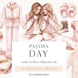Clipart pyjama, clipart fille aquarelle, graphiques de fête pyjama, maison confortable, amour de soi, soins personnels, jour de congé, soirée pyjama, téléchargement
