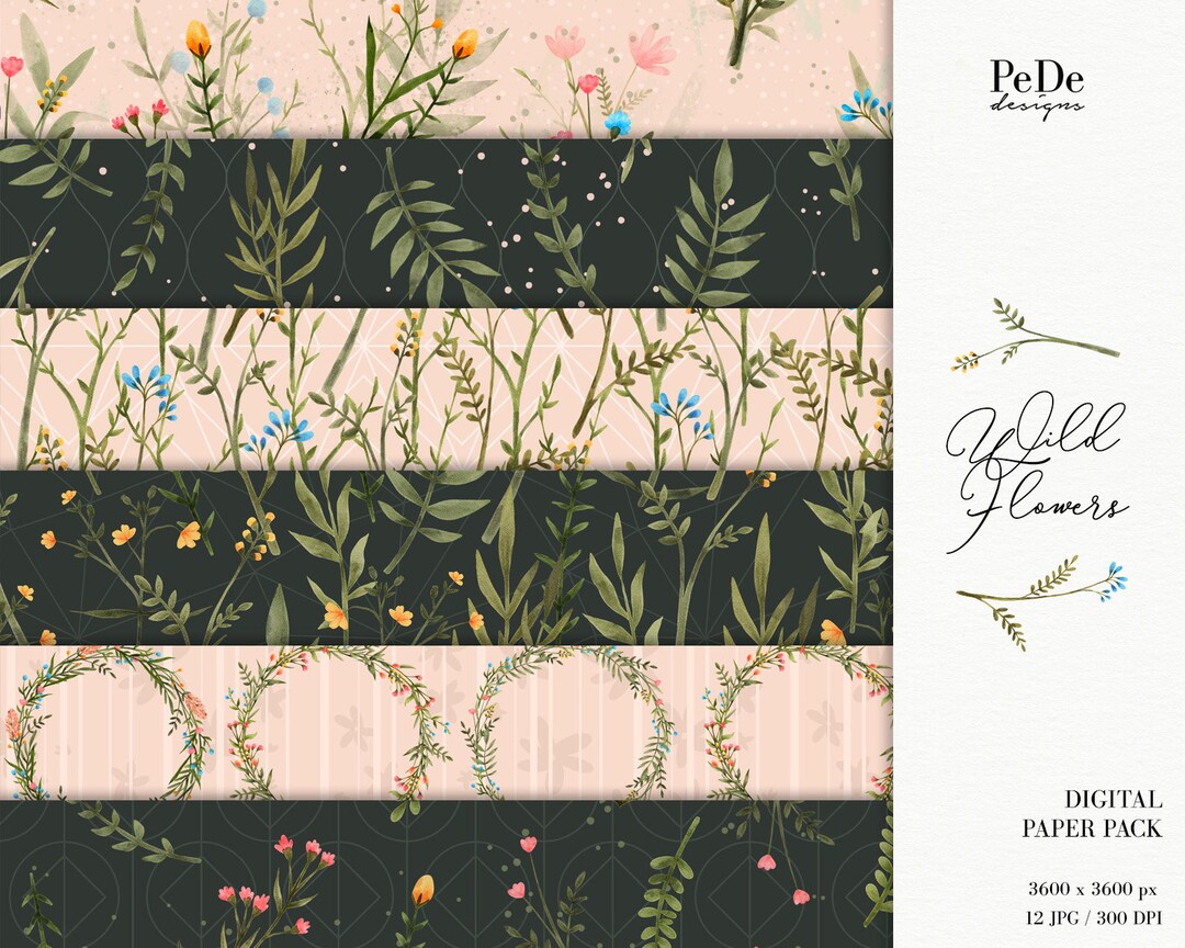 Wild Flowers Floral Digital Paper Pack Watercolor Green - Etsy
