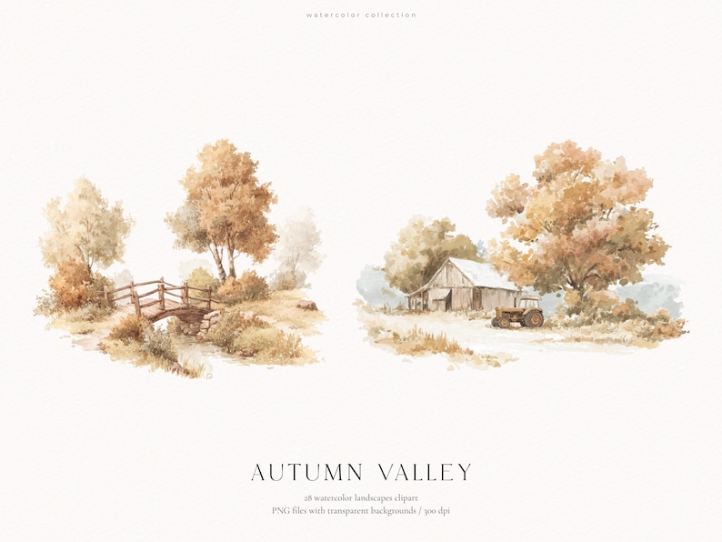 以下が含まれることがあります： AUTUMN VALLEYと題された水彩画の風景イラストのデジタルコレクション。小川にかかる木製の橋と、トラクターのある素朴な納屋という2つの異なるシーンが描かれており、どちらも温かみのある秋色の木々に囲まれています。
