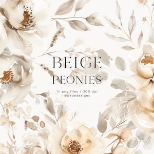 May include: A digital graphic featuring watercolour beige peonies and foliage. The text in the centre reads BEIGE PEONIES, 14 png files / 300 dpi, and @pededesigns. The floral arrangement surrounds the text with soft brown and cream tones.