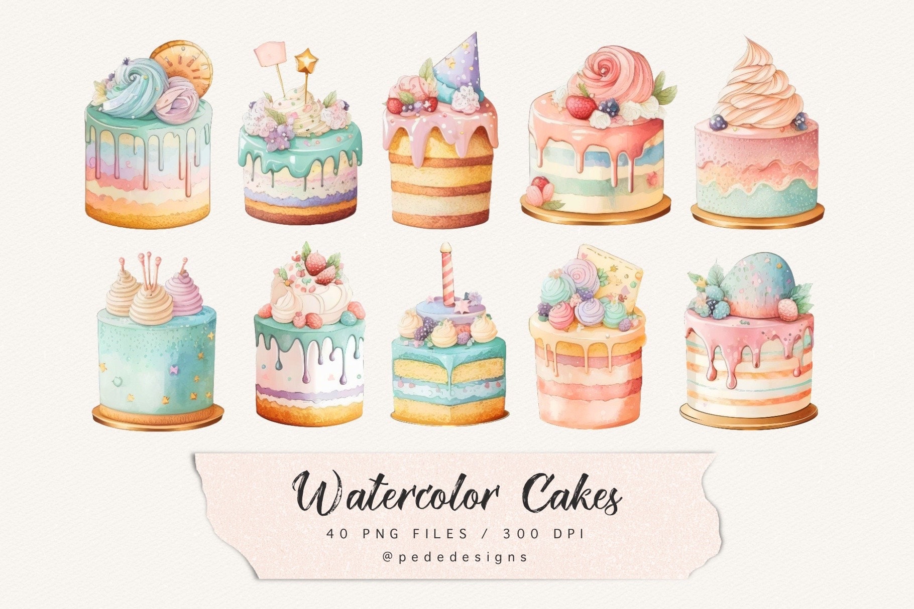 Watercolor Cakes Clip Art, Birthday Clipart, Dessert Illustration ...