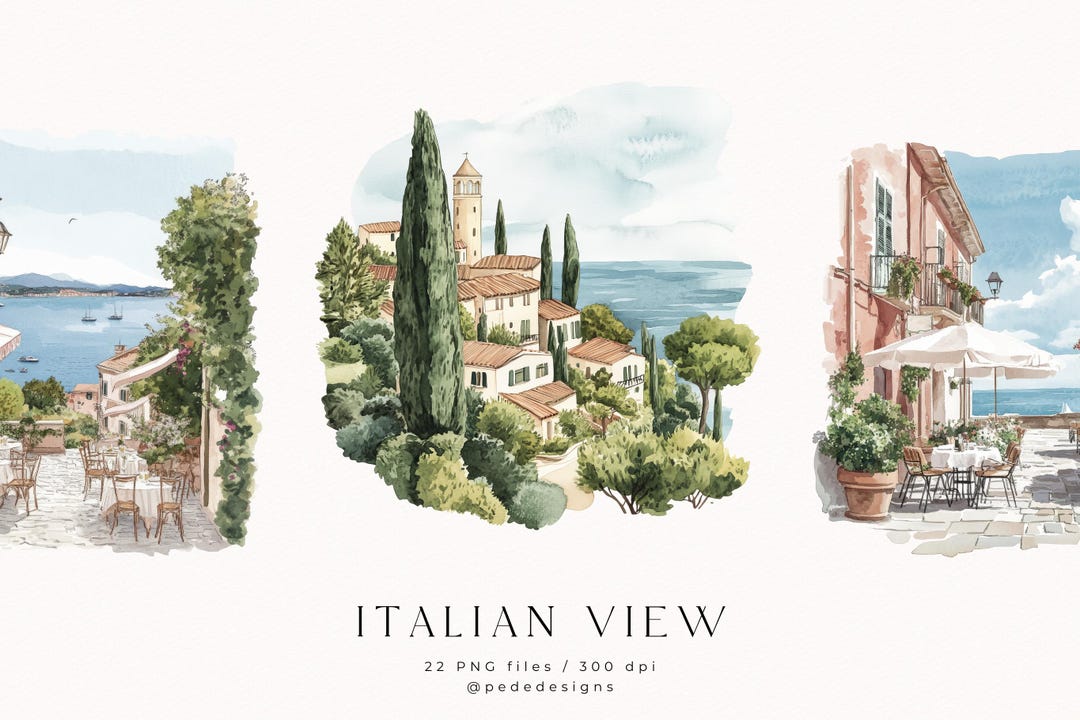 水彩画のイタリア沿岸クリップアート：夏の旅行風景（PNG ダウンロード