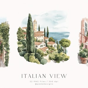 Akvarell italiensk kust Clipart: Sommarlandskap med resor (PNG-nedladdning)