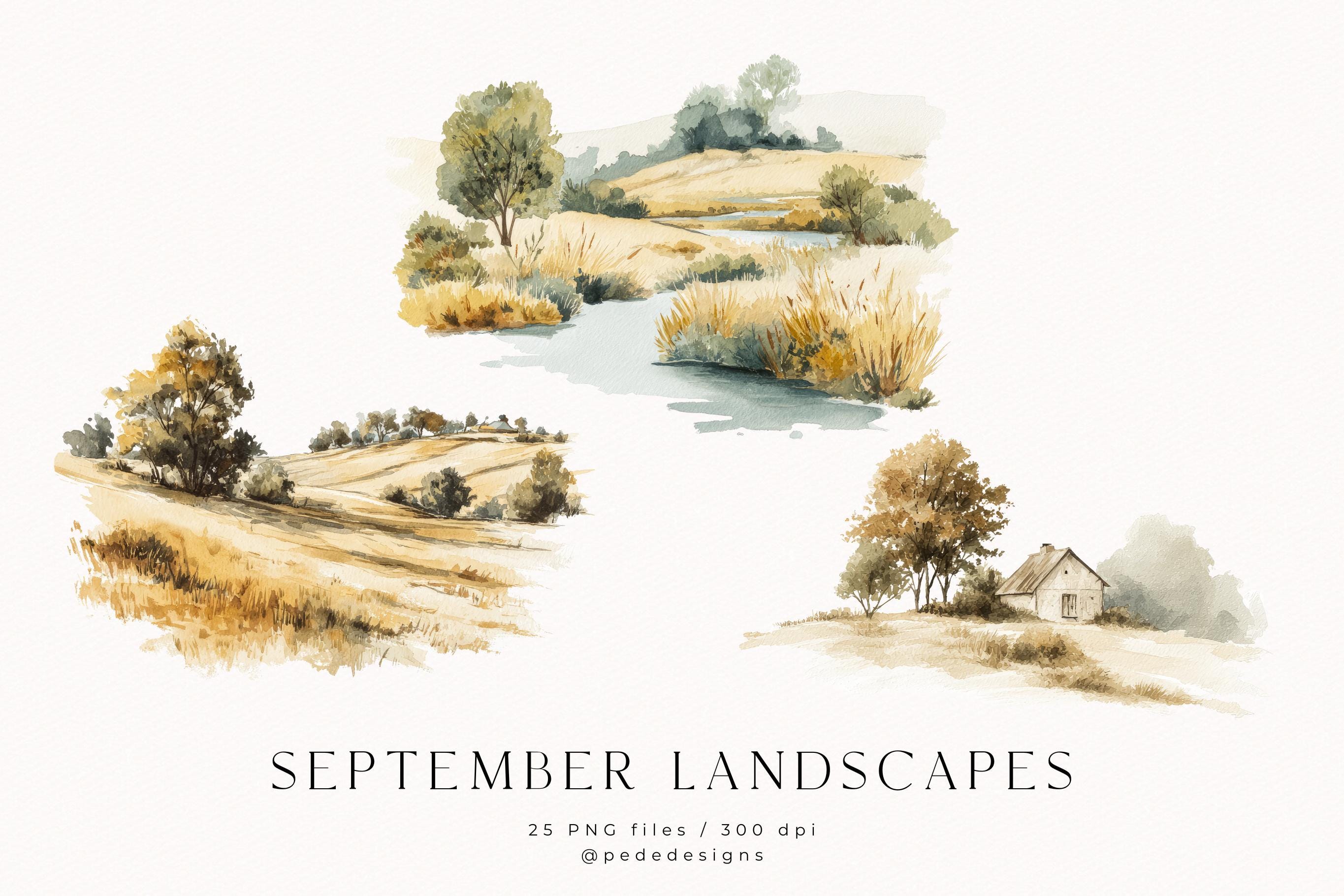 September Landscapes, Watercolor Countryside Scenery, Autumn Clipart ...