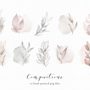 May include: Ten watercolor illustrations of delicate floral arrangements in shades of gray, pink, and brown. The illustrations feature simple, stylized leaves and branches, and some include soft watercolor washes.
