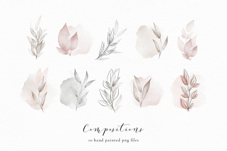 May include: Ten watercolor illustrations of delicate floral arrangements in shades of gray, pink, and brown. The illustrations feature simple, stylized leaves and branches, and some include soft watercolor washes.