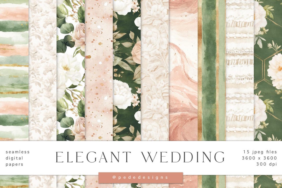 Elegant Wedding Digital Paper Pack – Blush & Green Floral Seamless ...