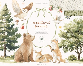 Waldtiere PNG Clipart | Baby Waldtiere Aquarell | Hirsch Fuchs Bär Eule Häschen Grafik | **Kinderzimmer Wald Set (Digitaler Download)**