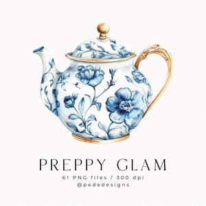 May include: A white teapot with a blue and gold floral design. The teapot has a gold handle and lid.