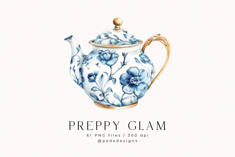 May include: A white teapot with a blue and gold floral design. The teapot has a gold handle and lid.