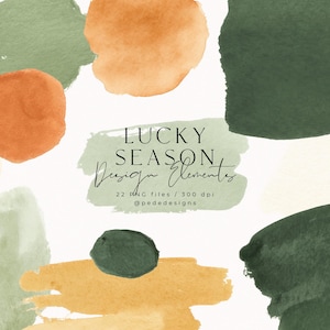 Könnte beinhalten: Aquarell-Designelemente in Grün-, Orange- und Gelbtönen. Das Bild zeigt abstrakte Formen und Pinselstriche mit dem Text "LUCKY SEASON Design Elements" und Details zu den Dateien.