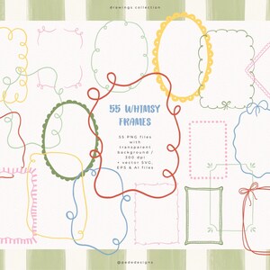 55 Whimsical Frames Clipart Bundle with Hand Drawn Doodle Borders, Scalloped Oval Frames, Wavy Ribbon Frames, PNG SVG | Digital Download