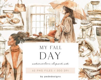 Può includere: Un set di clipart digitali ad acquerello intitolato MY FALL DAY con illustrazioni di una persona con ombrello, un maglione, una sciarpa, stivali, una lanterna, un vassoio con caffè e zucche, una scena con finestra e un gatto.