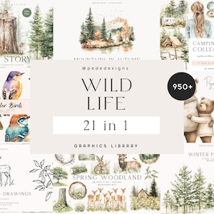 Ensemble vie sauvage, bibliothèque de cliparts, illustrations à l'aquarelle, clipart forêt, animaux des bois, montagnes, voyage de camping, oiseaux, téléchargement