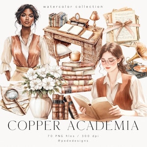 Paquete de imágenes prediseñadas de Copper Academia, imágenes prediseñadas acogedoras de acuarela, imágenes prediseñadas de libros, png de ratón de biblioteca, imágenes prediseñadas de estudiantes, gráficos de maestros, vintage, descarga