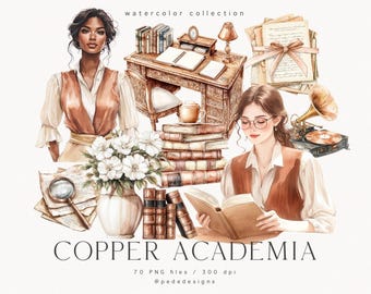 Copper Academia clipart-bundel, aquarel gezellige clipart, boeken clipart, boekenwurm png, student clipart, leraar graphics, vintage, download