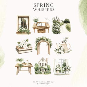 May include: A set of 62 watercolour illustrations featuring spring-themed elements, including a window with flowers, a table with books, an archway, a teapot with flowers, a house, and a window with flowers. The illustrations are in a soft, muted colour palette and have a delicate, whimsical feel. The text "SPRING WHISPERS" is at the top of the image.