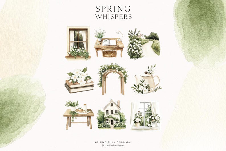 May include: A set of 62 watercolour illustrations featuring spring-themed elements, including a window with flowers, a table with books, an archway, a teapot with flowers, a house, and a window with flowers. The illustrations are in a soft, muted colour palette and have a delicate, whimsical feel. The text "SPRING WHISPERS" is at the top of the image.