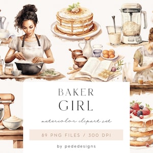Coleção Baker Girl, gráficos em aquarela de cozimento, clipart de cozinha, utensílios de cozinha, álbum de recortes, diário de lixo, logotipo de padaria, download