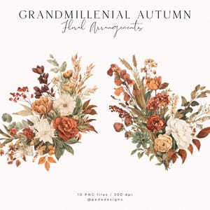 May include: Two watercolor floral arrangements in autumnal colors. The bouquets feature roses, wheat, and various foliage in shades of orange, red, and cream. Text reads "GRANDMILLENNIAL AUTUMN Floral Arrangements".