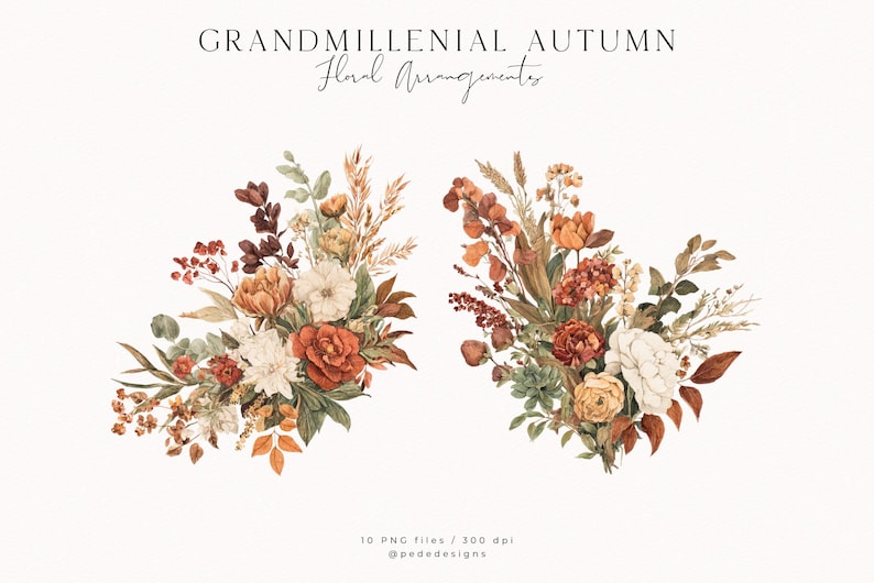 May include: Two watercolor floral arrangements in autumnal colors. The bouquets feature roses, wheat, and various foliage in shades of orange, red, and cream. Text reads "GRANDMILLENNIAL AUTUMN Floral Arrangements".