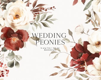 Wedding Peonies, watercolor ivory flowers, burgundy floral clipart, wedding bouquet clipart, floral arrangements, aesthetic frame, download