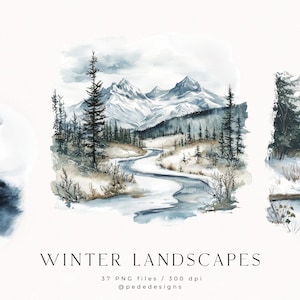 May include: A set of 37 watercolour illustrations featuring winter landscapes. The illustrations include a lighthouse on a snowy cliff, a mountain range with a winding river, and a lake with boats. The illustrations are in shades of blue and white.