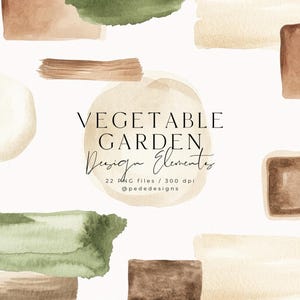 Ontwerpelementen uit de moestuincollectie, aquarel clipart, penseelstreken, handgeschilderde elementen, groen, ivoor, stickers, download