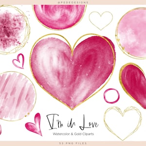 Valentinstag Clipart, Herz Clipart, Hochzeitselemente, Liebesrahmen, Gold und Aquarell, Herd Rahmen, Liebe Designs, Download