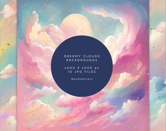 May include: Ten digital backgrounds featuring dreamy clouds in shades of pink, blue, and yellow with gold glitter. The backgrounds are 4000 x 4000 pixels and are perfect for adding a touch of whimsy to your designs.