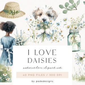 Coleção I Love Daisies, clipart de primavera em aquarela, clipart de menina, adesivos de moda, sazonal, margaridas em aquarela, prado, baixar