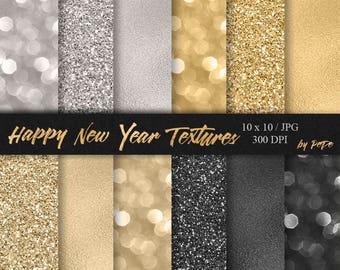 Happy New Year textures, New Year's eve digital paper, foil background, glitter textures, silver and gold foil, download