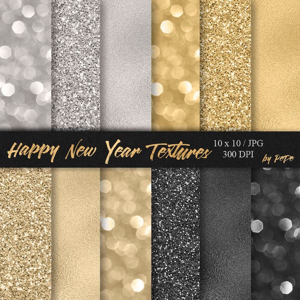 Happy New Year textures, New Year's eve digital paper, foil background, glitter textures, silver and gold foil, download