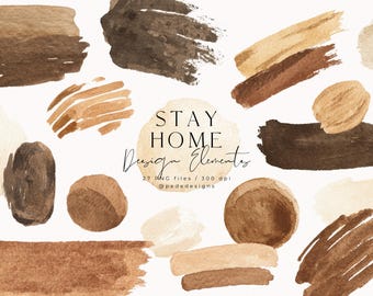 May include: Watercolor design elements in shades of brown, beige, and tan. The image includes brush strokes, abstract shapes, and the text "STAY HOME Design Elements". The design elements are available in 27 PNG files at 300 dpi.